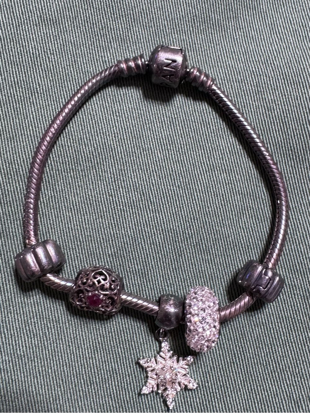 Pandora Silver Bracelet with Snowflake, Crystal and Ruby Heart Charms